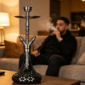 Moderno Set de Hookah de Acero Inoxidable con Base de Vidrio Negro, Manguera y Cazoleta para Fumar Shisha - Product Image 4
