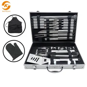 33PCS Tragbare Holzkohle Außen küche Edelstahl Griff Grill Werkzeug Grill zubehör Set BBQ In Metall gehäuse