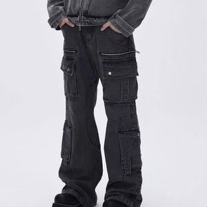 Pantalones Cargo de Pierna Recta con Múltiples Bolsillos, Estilo Urbano, Lavado Desgastado, para Hombre, Diseño Moderno con Cremallera - Product Image 3