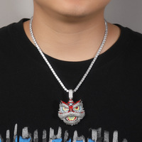 Nouveautés style ethnique : Collier tête de lion multicolore, pendentif créatif rétro danse du lion, hip-hop, en cuivre incrusté de zircon