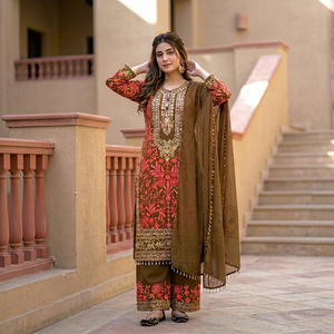 Conjunto Tradicional de Salwar Kameez para Mujer, de Algodón Bordado, Largo hasta el Tobillo, para Bodas en India y Pakistán, Corte Regular, Elástico - Product Image 1
