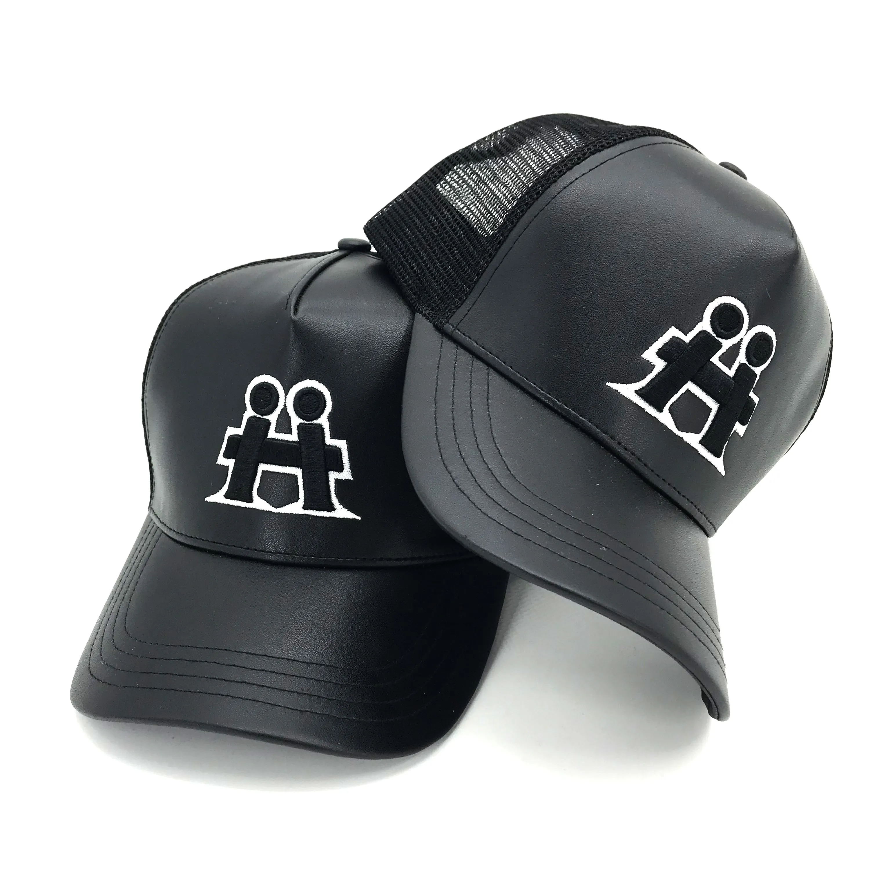 Vendor Custom High Quality 5 Panel 3d Puff Embroidery Logo Snap Back Truck Cap PU Leather Mesh Trucker Hat