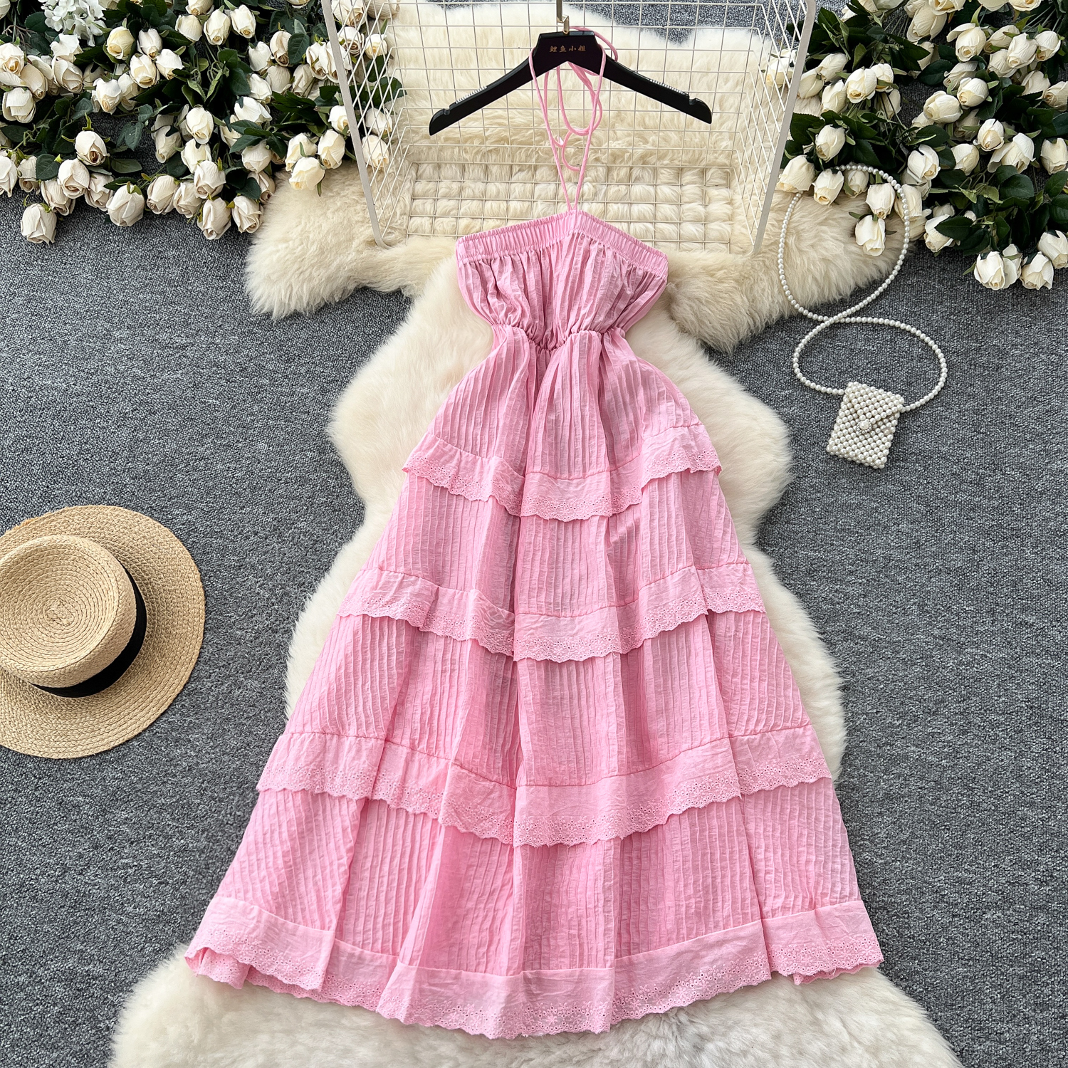 strapless open back dress White Pink Sweet Fairycore Princess Halter Neck Suspender Corset Bow Ribbon Dress Dress + Arm Warmers / S