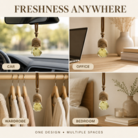 Diffuseur de parfum pour voiture en forme de tête de poupée en bois, flacon en verre facetté, concentration de parfum à 60 % longue durée, logo personnalisé