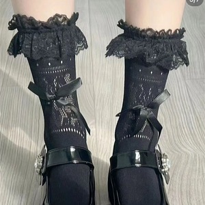 <b>Lace</b> <b>Socks</b> Mid Calf White Cotton Breathable Women's Lolita Style With Ruffles And Bows - Product Image 4