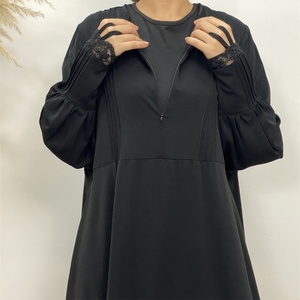 6693# New Simplicity Elegant Lace With Zipper With Small Hand Belt Sleeves and Pleated Front Zipper Crew Neck Dress <b>9</b> Colors - Product Image 5