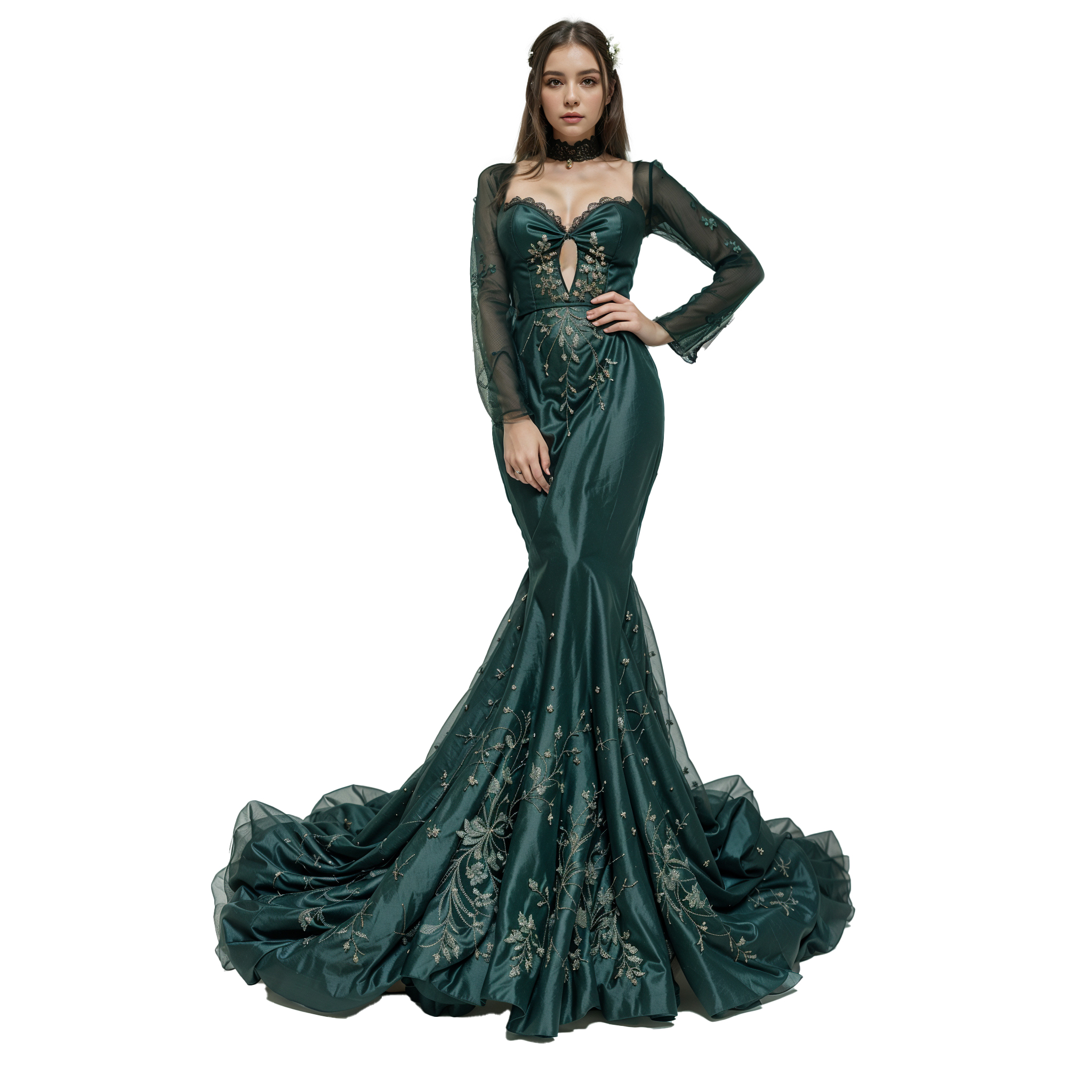 Vestido formal justo com quadris verde esmeralda, vestido de noite chique de lantejoulas e beleza rabo de peixe