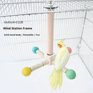 Oiseau en bois escalade cadre jouet filature moulin à vent jouet pour animaux de compagnie soulagement de l'ennui support aérien pour calopsitte à mâcher perchoir de dentition - Product Image 1