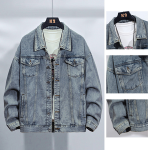 Chaqueta vaquera desgastada Vintage con logotipo Y2K personalizado para hombre, chaqueta vaquera de trabajo de gran tamaño para hombre, Chaquetas vaqueras - Product Image 4