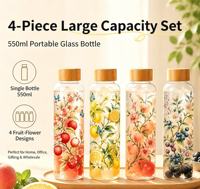 Fruitprint glazen waterfles met bamboe deksel, helder borosilicaatglas, groothandel
