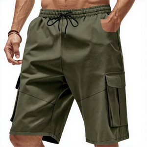 Shorts pour hommes, couleur unie, taille mi-haute, cordon de serrage, élastique, séchage rapide, décontractés, style Bermuda, avec plusieurs poches - Product Image 1