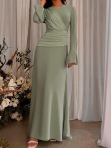 Vestido Maxi Verde Guisante Modesto con Pliegues, Manga Acampanada, Cuello en V, Corte A, ODM, Cintura Alta, Elegante, Ropa Islámica para Boda, Uso Diario y Fiestas - Product Image 3