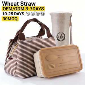 小麦ストロー製子供用弁当箱セット 二段式漏れ防止BPAフリー食品グレード電子レンジ対応ランチボックス（バッグとボトル付き） - Product Image 1