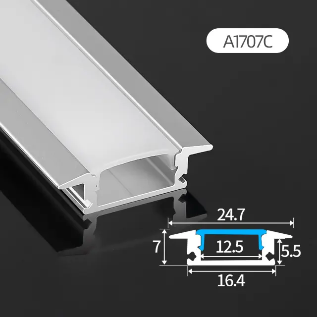 A1707C Extrusão LED Difusor de canal de alumínio com perfil de alumínio embutido para luz de tira LED