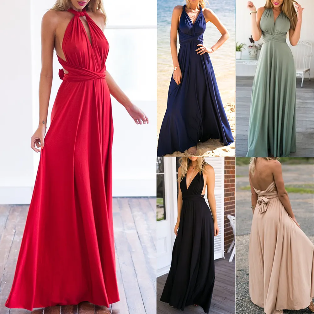 Gaun Formal Wanita Gaun Malam Panjang Padat Elegan Gaun Pesta Pernikahan Vestidos Kasual Bungkus Multi Cara Konvertibel