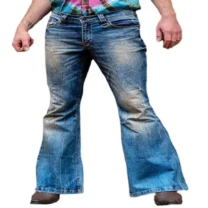 Pantalon en jean pour homme, mode rétro, décontracté, taille haute, brodé, grand évasé, 2022