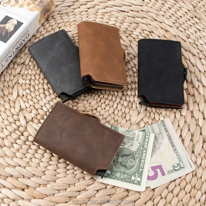 पुरुषों व्यापार यात्रा स्लिम कार्ड धारक न्यूनतावादी चमड़े बटुआ मिनी धातु आरएफआईडी बटुआ