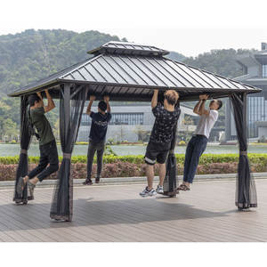 Gazebo de doble tapa dura de 12x12 pies con mosquitera y cortina <span class=keywords><strong>para</strong></span> jardín, patio, terraza, fiesta, cubierta, gris - Product Image 3