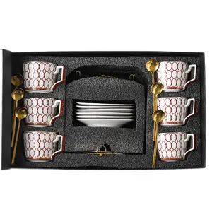 中国批发高端花式礼品盒陶瓷陶瓷金框茶咖啡杯和茶碟板架勺子套装