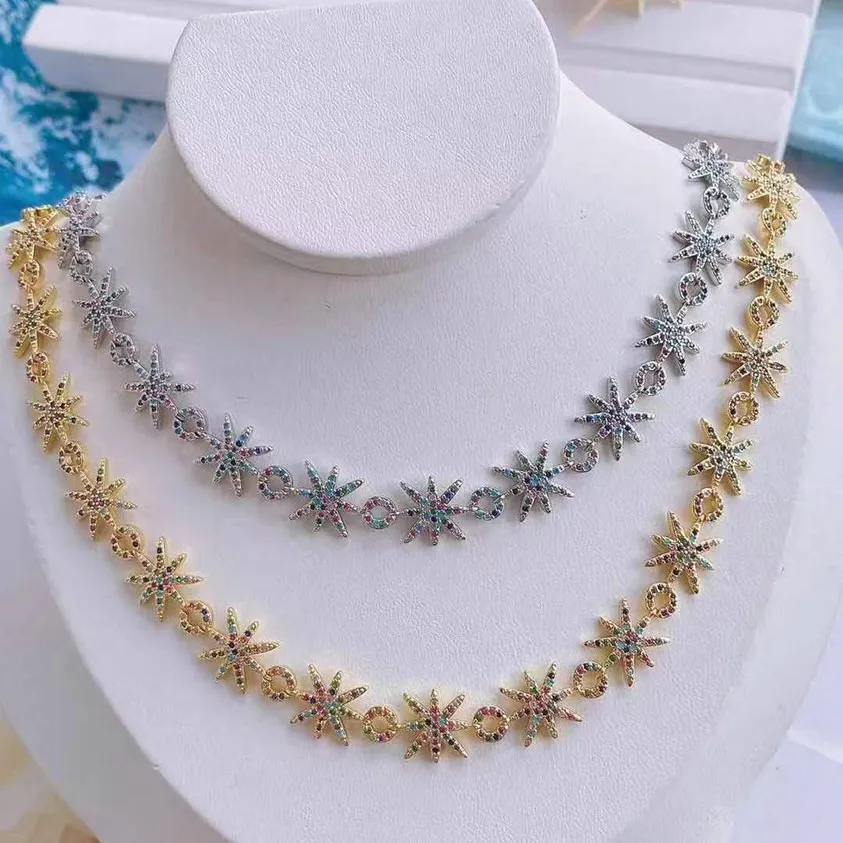 Diamond Cuban Link Chain 18K Gold Plated Enamel Colorful Rainbow Snow Flake Shape Necklace