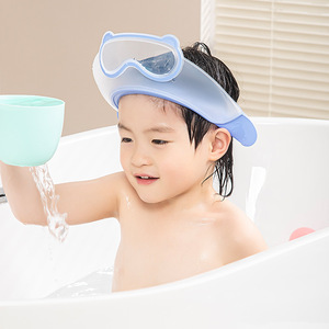 Gorro de baño para bebé con gafas protectoras, gorro de ducha impermeable ajustable para niños, color azul - Product Image 1