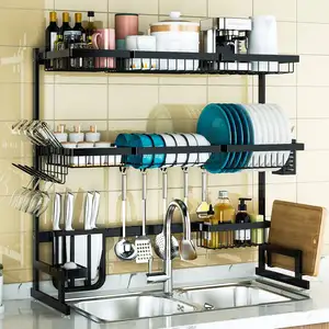 Over Sink Dish Drying Rack (34"-45") 3 Tier, 2 Cutlery Holders Adjustable Dish Drainer Stainless Steel Space Save Shelf