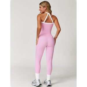 Conjunto Deportivo de Dos Piezas para Mujer, Top Corto Rosa, Leggings de Cintura Alta, Tirantes Finos, Cuello Cuadrado, Elástico en Cuatro Direcciones, Traje de Yoga - Product Image 4