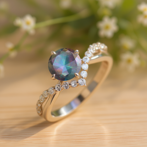 Anello di fidanzamento colorato con zirconi cubici per donna, pietra rotonda creato in laboratorio con montatura a griffe e dettagli in diamante, H317 Fashion - Product Image 2