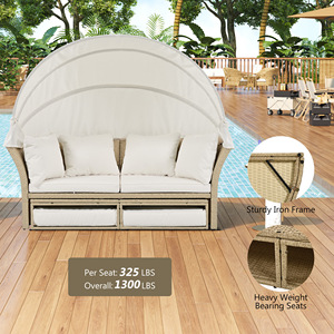 Outdoor Patio Daybed Wicker Rattan Round Sofa with Retractable <b>Canopy</b> 4 Pillows for Garden Lawn - Product Image 6