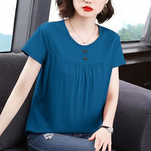 Women's Casual Short Sleeve T-Shirt Maroon Knitted Breathable Round Neck Button-Up Summer Top - Product Image 3