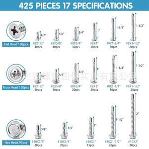 425pcs Stainless Steel Screw Set Phillips Round Countersunk Head Self Tapping Drill Screws Tool Case Kit - Product Image 2
