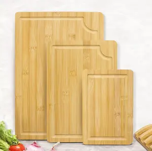 HANHE Set papan pemotong daging dapur, Set papan potong bambu kayu dengan alur jus dalam logo kustom dua sisi