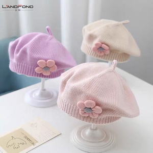 Landfond accesorio otoño e invierno Bebé niñas lindo flor boinas gorra de punto sombrero de pintor - Product Image 1