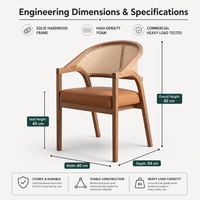 Fauteuil de salle à manger en bois massif, largeur 60 cm, profondeur 54 cm, hauteur 82 cm, hauteur de siège 45 cm, dossier en rotin et assise rembourrée beige
