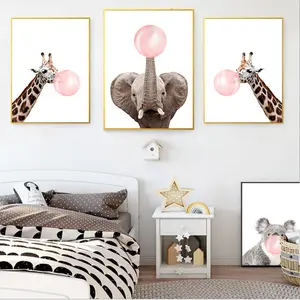 Decorative Pictures Pink Bubble Elephant Giraffe Child Poster Animal Wall Art Canvas Nursery Print Painting Nordic Kid Baby Room Decoration Picture
