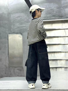 Pantalon en denim à jambe large pour garçon avec taille élastique poches multiples-Tissu décontracté et long non extensible, confort en toute saison pour - Product Image 5