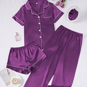 Pigiama Estivo da Donna in Raso Stile Europeo e Americano, Cardigan con Risvolto, Maniche Corte, Pantaloni, Set 3 Pezzi Traspirante, Colore Personalizzabile ODM - Product Image 5