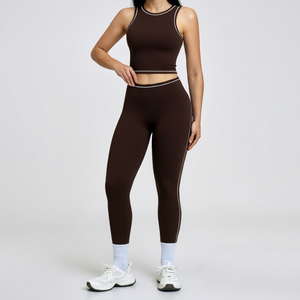 Women's 2 Piece Yoga Set Solid <b>Brown</b> Scoop Neck Racerback Crop Top High Waist Full Length <b>Leggings</b> Seamless Four Way Stretch - Product Image 1