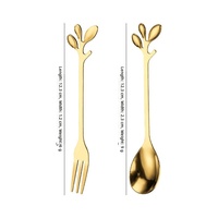 Ensemble de couverts en acier inoxydable avec logo personnalisé au laser, manche en forme de feuille dorée créative, cuillère à dessert, fourchette, cuillère à café