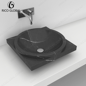 Lavabo vasque moderne en marbre noir, finition polie, design minimaliste à poser sur le plan de salle de bain - Product Image 4