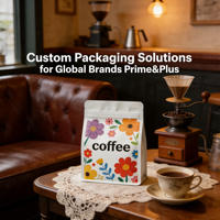 Sachet de café personnalisé imprimé blanc et rouge à fond plat, design floral mat, avec fermeture éclair refermable et soufflet latéral, vente en gros