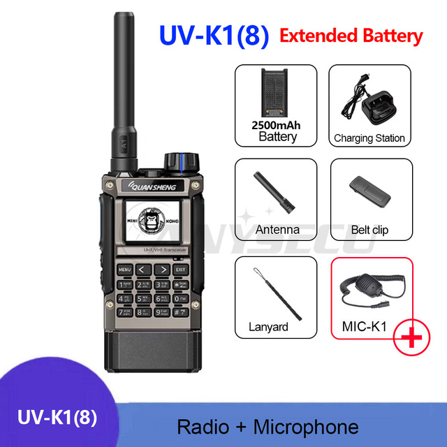 Quansheng UV-K1(8) 5W Long Range Mini Metal Walkie Talkie 200 Channels VHF & UHF Analog Radio 2500mAh Battery with Charger & MIC
