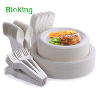 BioKing Factory Direct Ensemble de vaisselle en papier de bagasse biodégradable Assiettes jetables Couverts de canne à sucre pour les fêtes USA/Amérique