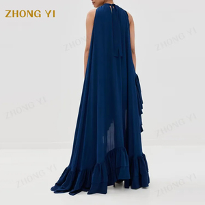 Vêtements personnalisé bleu à volants <span class=keywords><strong>haut</strong></span>-bas irrégularité étage longueur ras du cou sans manches femmes élégante mode fête Maxi robe - Product Image 4