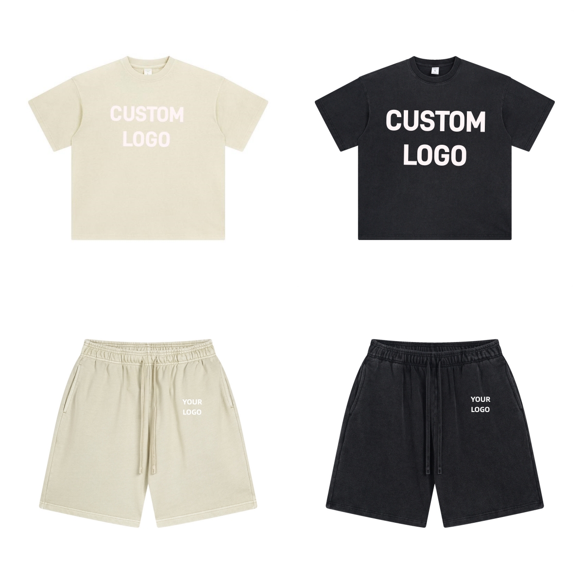 Custom Logo Men's Summer Set Two-Piece Acid Washed T-Shirt and Sweat Shorts Raw Edge Raw Edge Custom Shorts and Tshirts Man