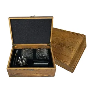 Agitador de balas de acero inoxidable para whisky, cubo de hielo, juego de regalo de piedra y vidrio, con caja de madera