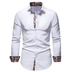 European and American style youth casual lapel collar shirts slim fit c patchwork long sleeve shirt