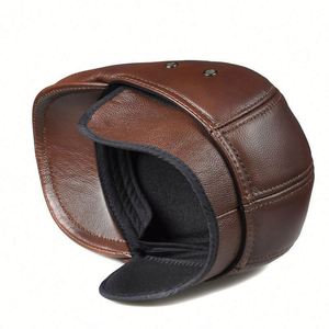 Men Vintage Cowhide Beret Caps Earflaps Flat Top Ivy Cap Windproof Duckbill Warm Black Brown Genuine Leather <b>Hats</b> - Product Image 2