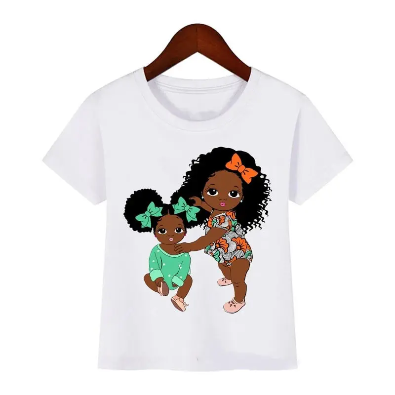 เสื้อยืดคอกลมสำหรับเด็กผู้หญิงเสื้อยืดลายการ์ตูนแอฟริกันอเมริกัน