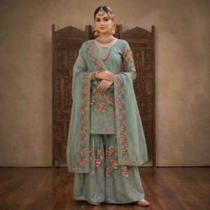 <b>Presenting</b> New <b>Eid</b> Collection In Pure Silk With Heavy Embroidery Sequence Work Top-Bottom And Dupatta Set Fully Stitched - Product Image 1